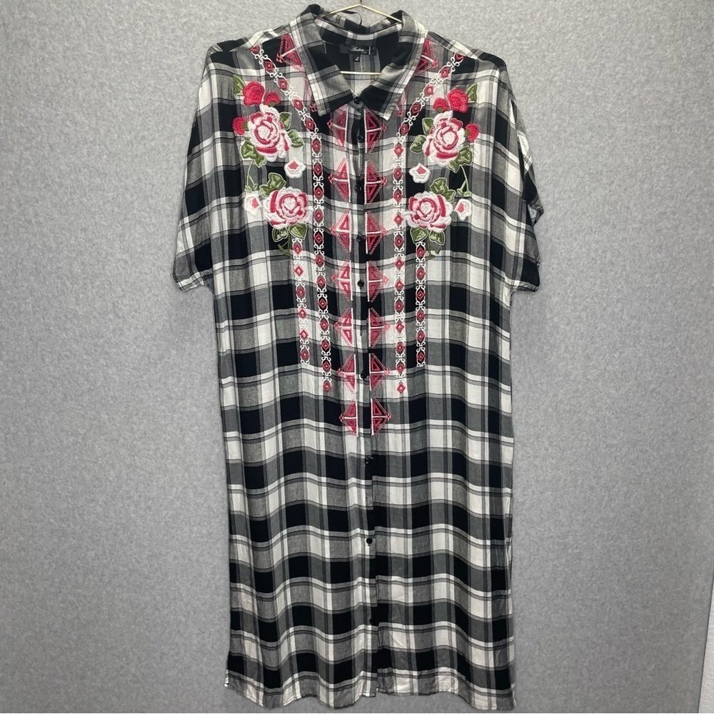 Garden Girl Cottagecore Floral Embroidered Buffalo Check Button Midi Shirt Dress